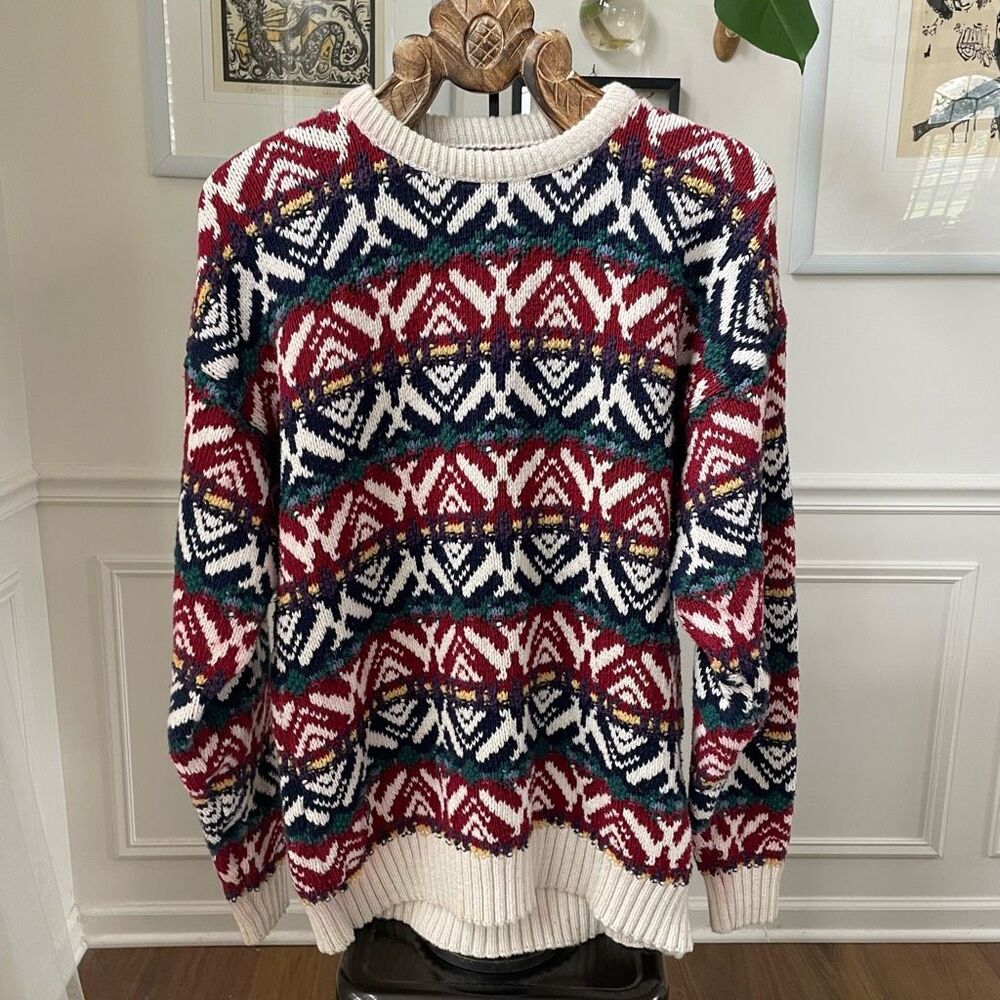 Vintage 80s 90s Jos A Bank Bold Fair Isle Cotton Sweater XL